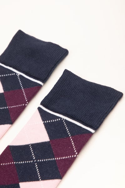Junior Knee Length Socks - Argyle Navy/Berry