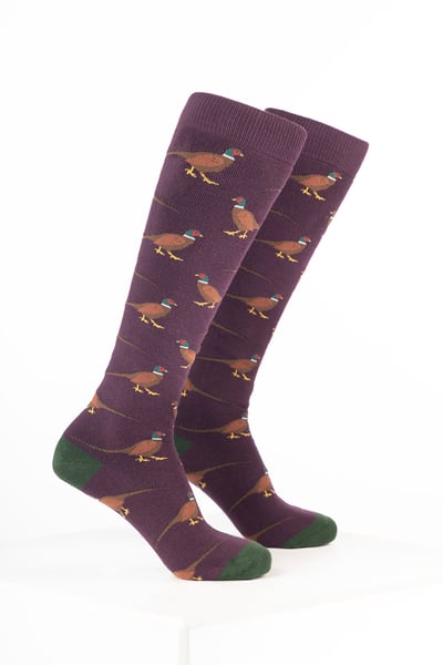 Women’s Bird Welly Socks - Walking Pheasant Dark Berry