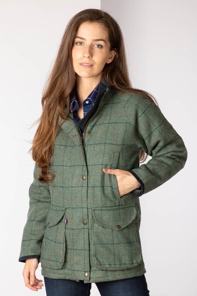Ladies Long Tweed Coat - Blue Check