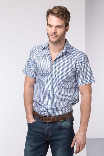 Men's Short Sleeved Checked Shirts - Stokesley Blue