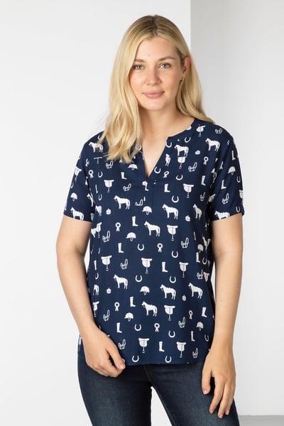 Ladies Short Sleeve Blouse - Wistow II - Horse Print Navy