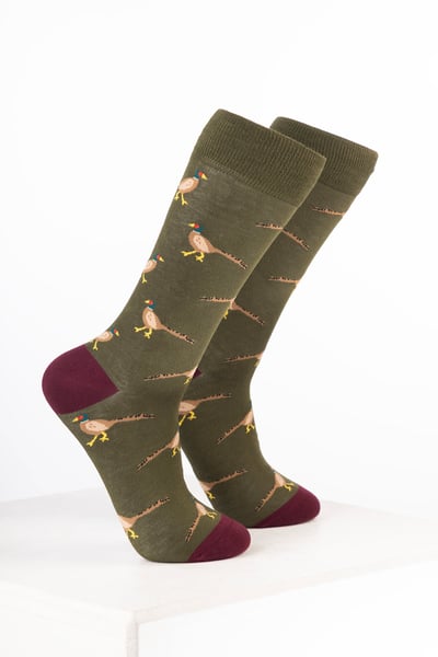 Men's Bamboo Rich Bird Ankle Socks - Walking Pheasant Dark Olive