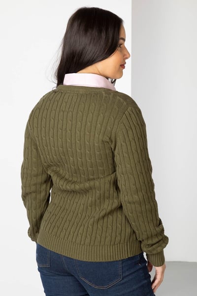 Damen Pullover mit Zopfmuster und Rundhalsausschnitt - Emma - Khaki