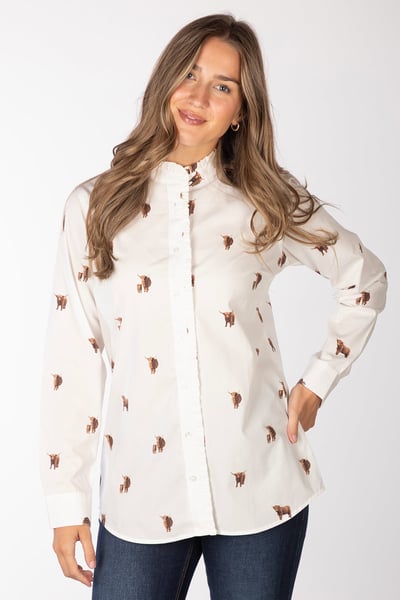 Ladies Oxford Cotton Ruffled Shirt - Ivy - Highland Cow