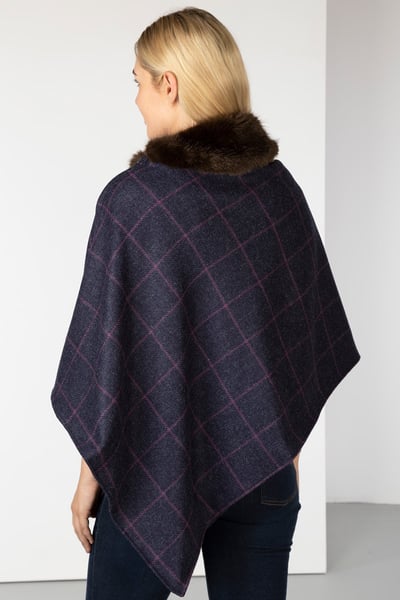 Ladies Wool Tweed Poncho With Faux Fur - Navy/Brown