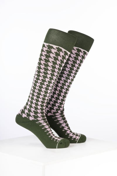 Women’s Bamboo Rich Checked Riding Socks - Houndstooth Soft Pink/Dark Olive