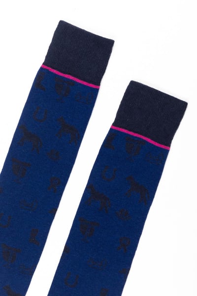 Ladies Horse Print Knee Length Riding Socks - Denim