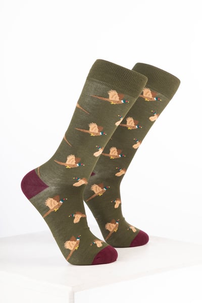 Calcetines tobilleros para hombre con estampado de pájaros - Flying Pheasant Verde Oliva Oscuro