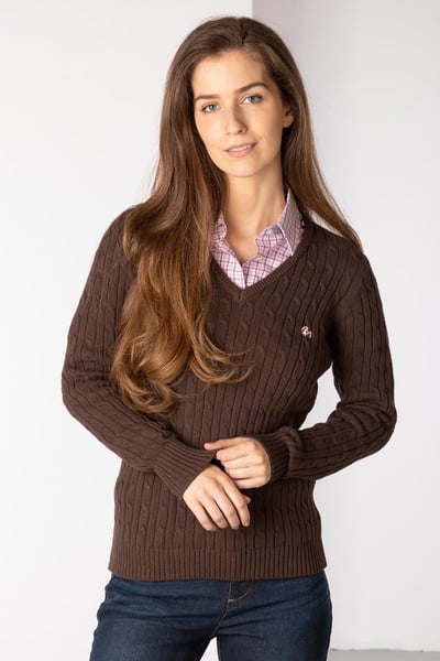 Ladies Emma V Neck Cable Knit Jumper - Brown