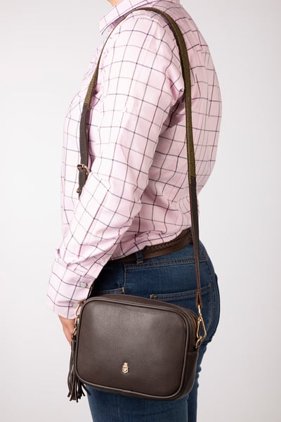 Ladies Leather Cross-Body Bag - Helmsley - Brown/Green Tweed