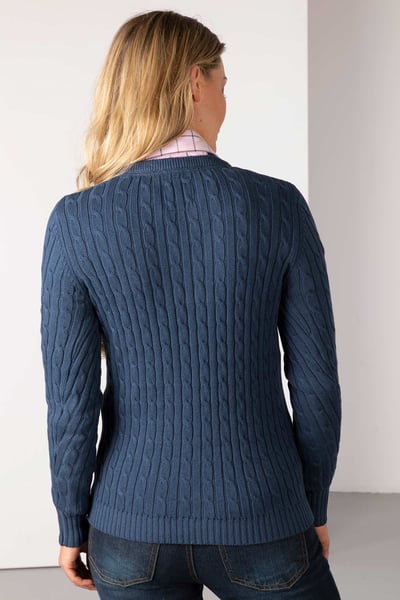 Ladies V Neck Cable Knit Jumper - Emma - Mid Navy/Pink