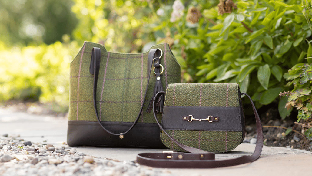 Green checked tweed tote bag and matching crossbody bag with brown leather-look trims.