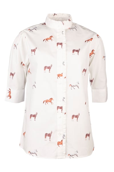 Ladies Ruffled Short Sleeved Shirt - Wistow - Horse White