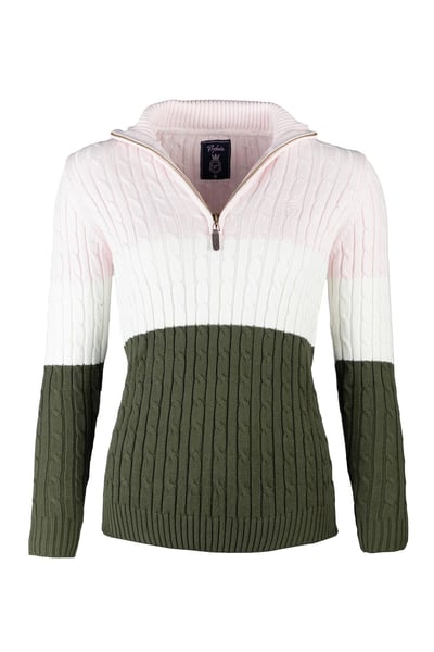 Ladies Striped Quarter Zip Jumper - Bramham - Khaki