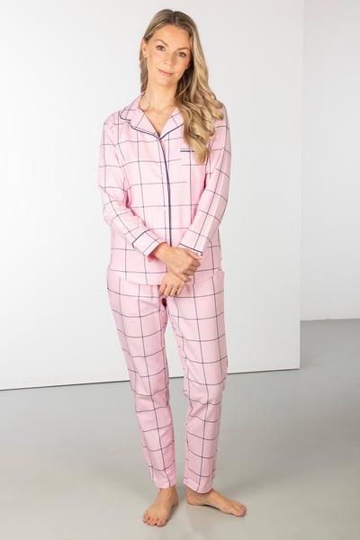 Ladies 100% Cotton Pyjama Sets - Sally Navy - Laura Pink
