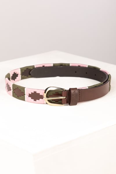 Ladies Slim Leather Polo Belt - Ripon - Olive/Sorbet/White