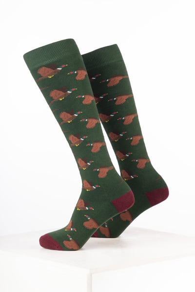 Men's Bird Welly Socks - Flying Pheasant Dark Olive