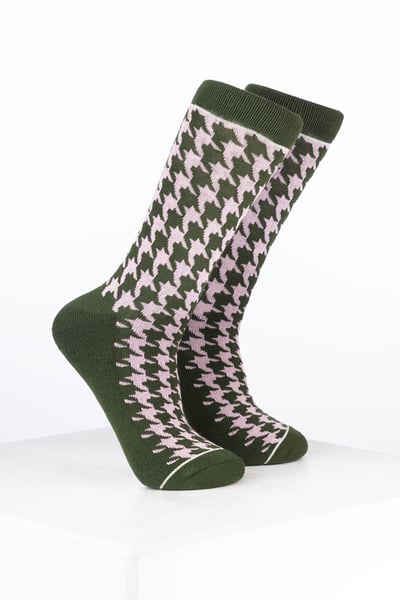 Damen-Knöchelsocken aus Bambusmaterial mit Hahnentrittmuster - Hahnentritt  Zartrosa/Dunkeloliv