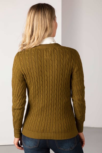 Ladies V Neck Cable Knit Jumper - Emma - Military Green
