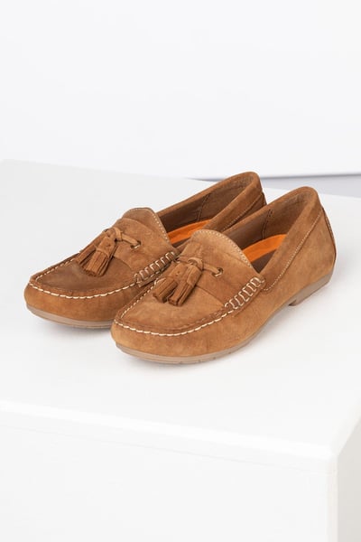 Ladies Suede Tassel Driving Loafers - Wrelton - Tan
