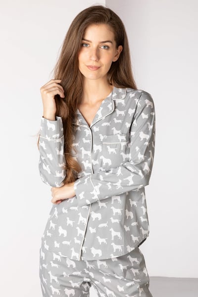 Ladies 100% Cotton Pyjama Sets - Grey/White Multi Dog