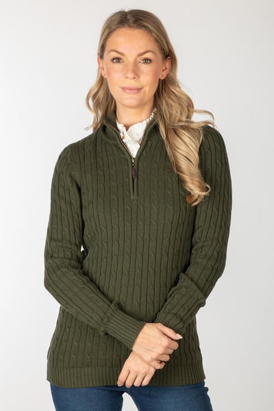 Ladies Quarter Zip Cable Knit Jumper - Emma - Khaki
