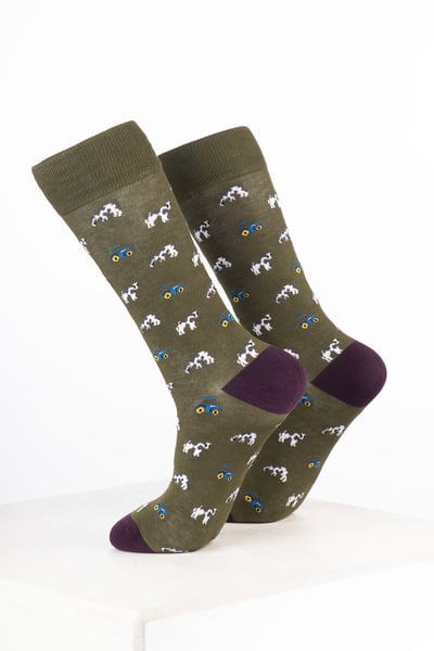 Women’s Bamboo Rich Farm Ankle Socks - Tractor & Cow Dark Olive