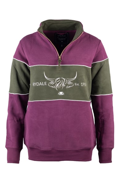 Ladies Highland Cow Sweatshirt - Byland - Highland Cow Berry/Olive/Berry