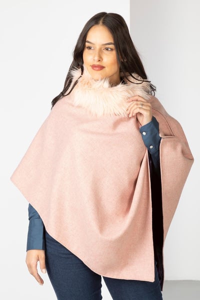 Ladies Wool Tweed Poncho With Faux Fur - Pink