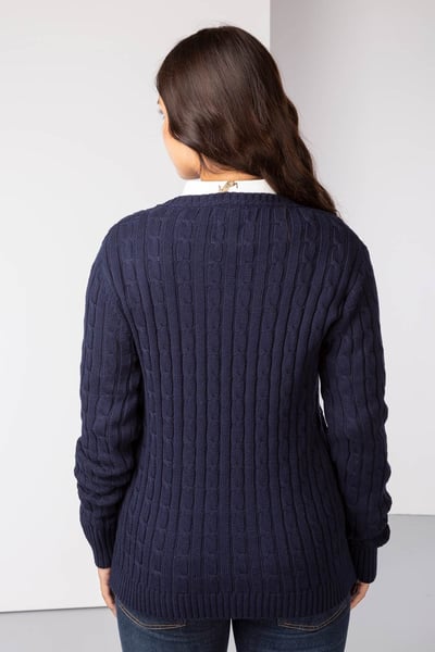 Damen Pullover mit Zopfmuster und Rundhalsausschnitt - Emma - Marine/Rosa