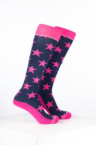 Damen-Reitsocken aus Bambus mit Sternenmuster - Stern Marineblau/Bonbon