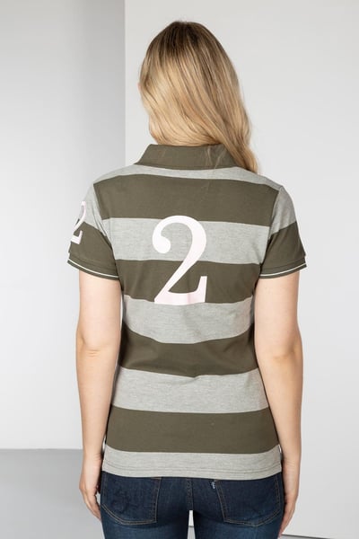 Ladies Striped Polo Shirt - Chloe - Khaki/Grey Marl