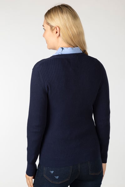 Ladies V Neck Ribbed Jumper - Gemma - Navy/Pink
