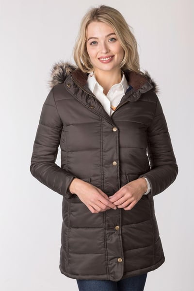 Ladies Long Fur Trim Coat - Arram - Bark