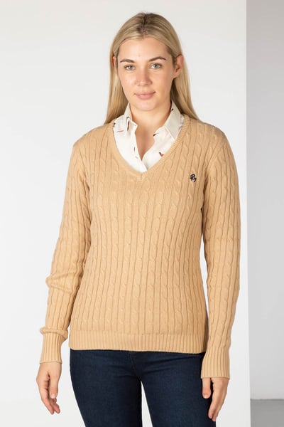 Ladies V Neck Cable Knit Jumper - Emma - Beige