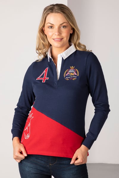 Ladies Rugby Shirt - Diagonal Panel - Navy/Red