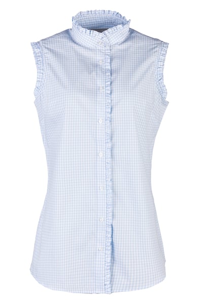 Ladies Ruffled Sleeveless Shirt - Ivy - Blue Gingham