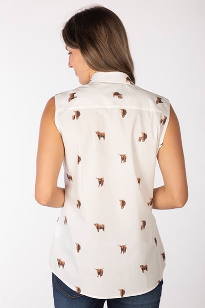 Ladies Sleeveless Shirt With Collar - Wistow II - Highland Cow