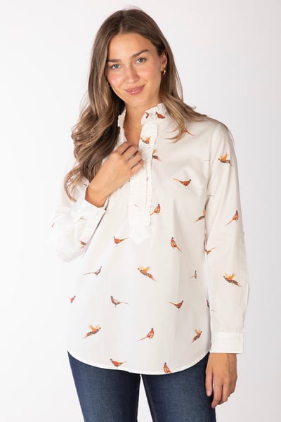 Ladies Overhead Ruffled Shirt - Ivy - Pheasants