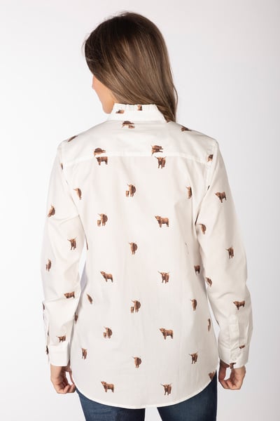 Ladies Oxford Cotton Ruffled Shirt - Ivy - Highland Cow
