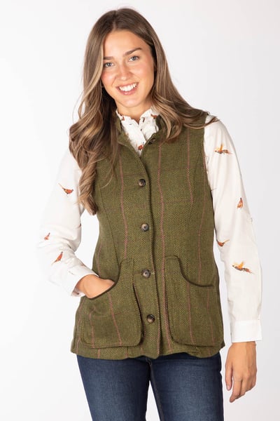Gilet boutonné en tweed pour femme - Rievaulx - Tweed vert foncé