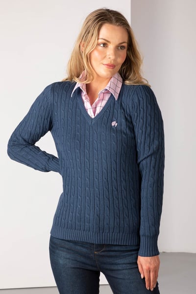Ladies V Neck Cable Knit Jumper - Emma - Mid Navy/Pink
