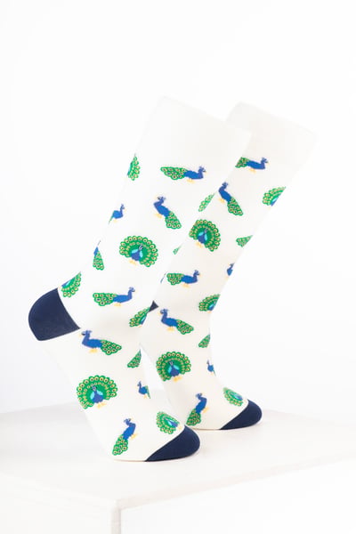 Damen-Knöchelsocken mit Vogelmotiv - Pfau Creme