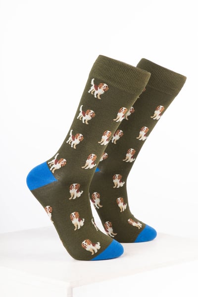Men’s Bamboo Rich Dog Ankle Socks - Spaniel Dark Olive