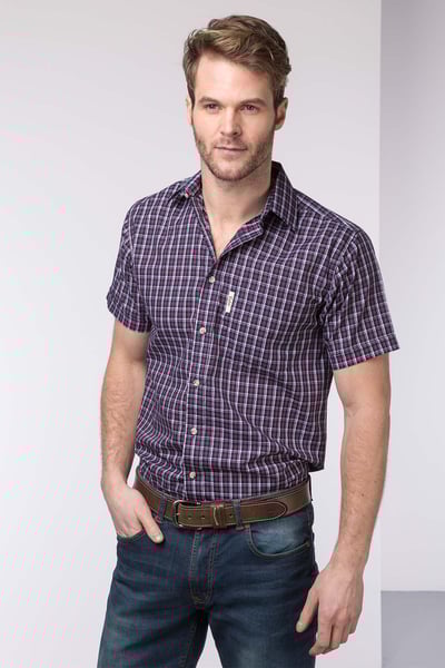 Men's Short Sleeved Checked Shirts - Wykeham Navy