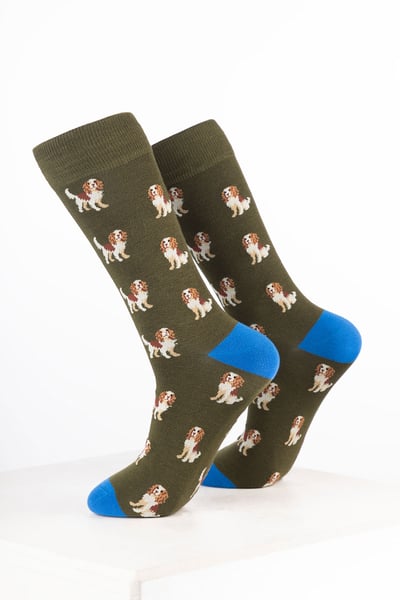 Men’s Bamboo Rich Dog Ankle Socks - Spaniel Dark Olive