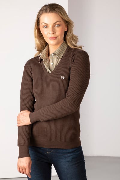 Ladies V Neck Ribbed Jumper - Gemma - Brown