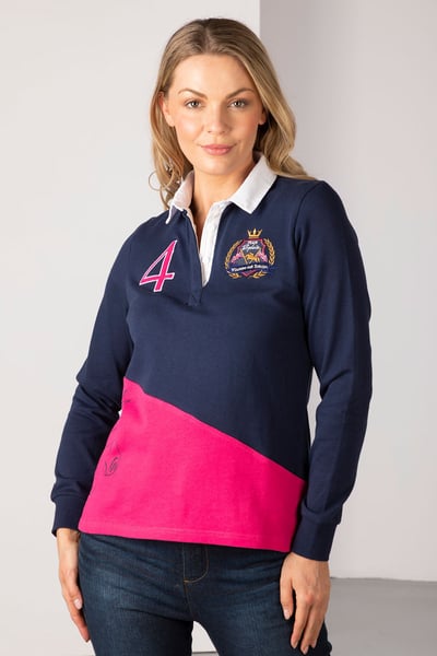 Ladies Rugby Shirt - Diagonal Panel - Navy/Bonbon