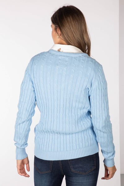 Ladies V Neck Cable Knit Jumper - Emma - Soft Blue