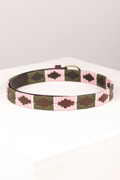 Ladies Slim Leather Polo Belt - Ripon - Olive/Sorbet/White